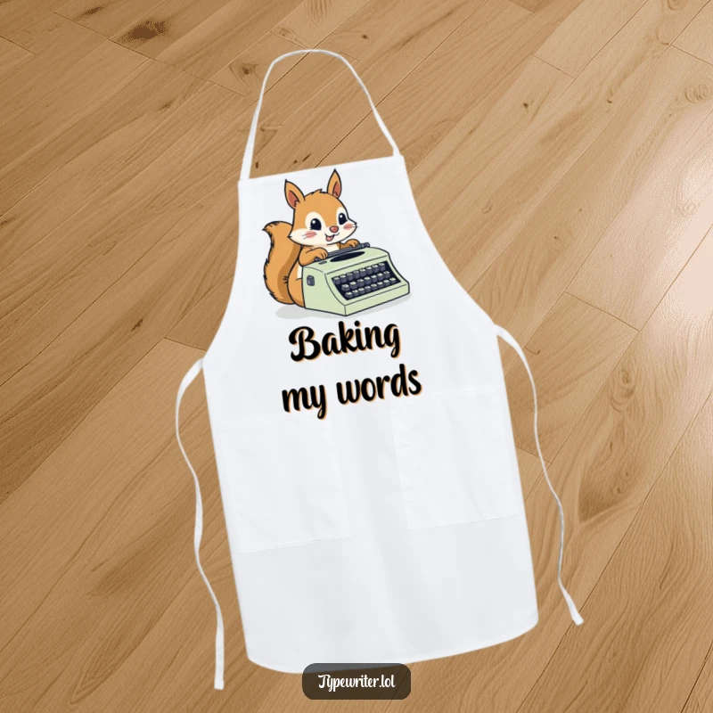 Funny Squirrel Apron: A busy squirrel character typing furiously on a typewriter, ready to assist in the kitchen with speed and flair.