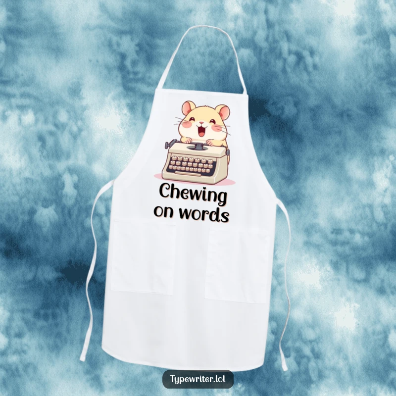 Funny hamster apron, a cute round hamster enthusiastically typing on a vintage typewriter with glee, humorous kitchen gift.