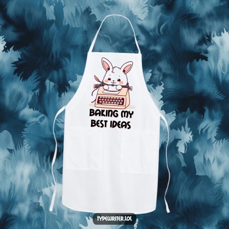 Funny bunny apron featuring a cheerful fluffy rabbit writing a letter with a quill pen at a typewriter, ideal for kitchen use.