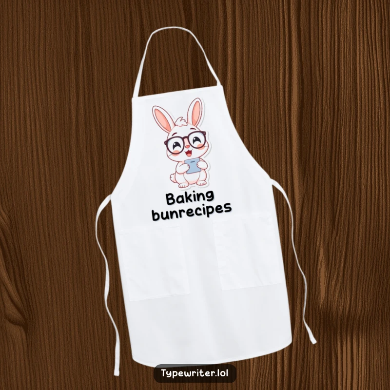 Funny bunny typist apron, showing a cheerful bunny wearing spectacles and typing, for kitchen smarts.