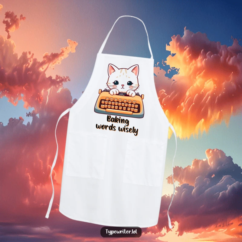 Funny cat writer apron, showing a cat typing on a typewriter, ideal for kitchen creativity.
