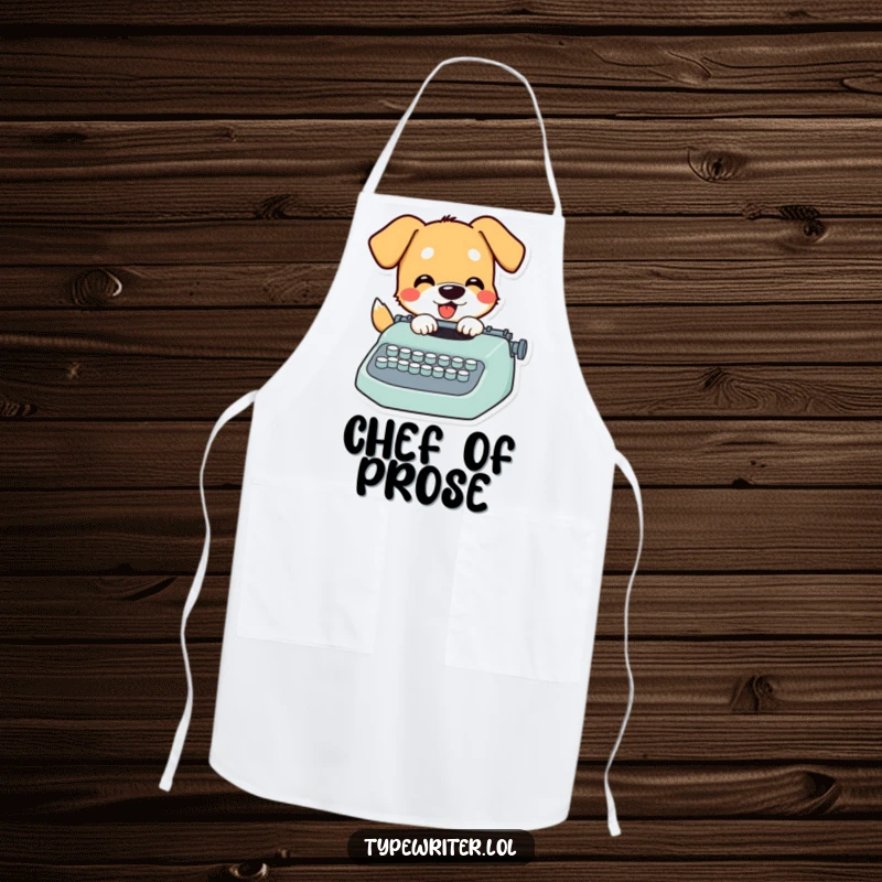 Funny Dog Apron: A cheerful dog character enthusiastically typing on a typewriter, ready to assist in the kitchen with flair.