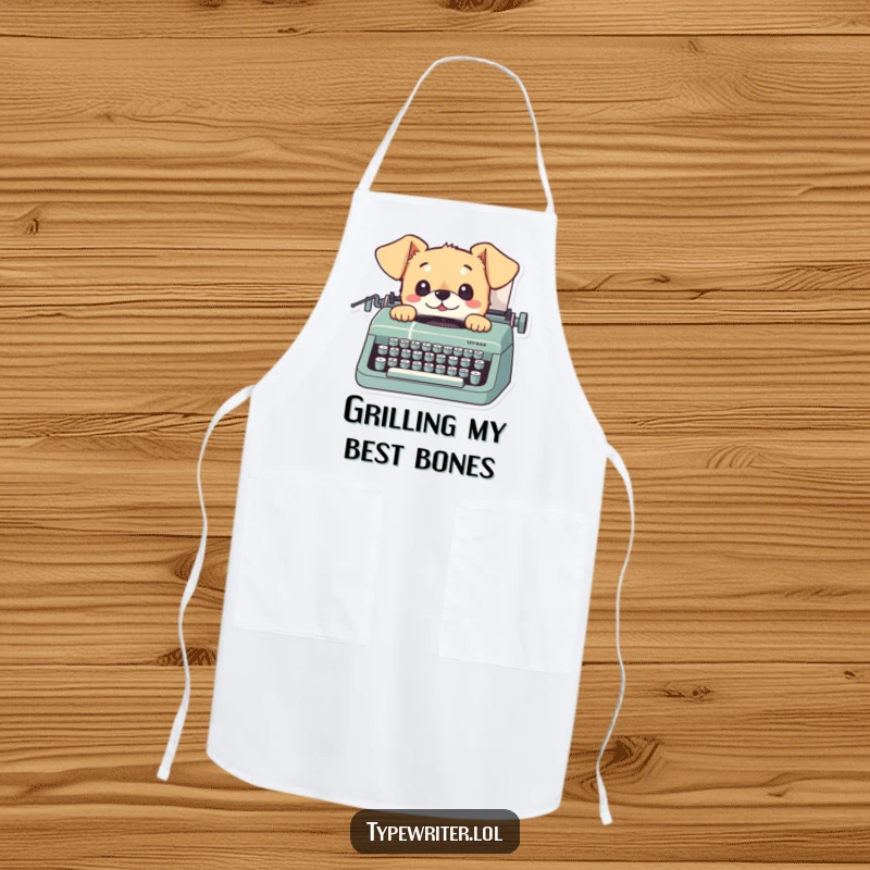 Funny dog apron featuring a playful small dog looking up from a typewriter with curious eyes, great for cooking or baking.
