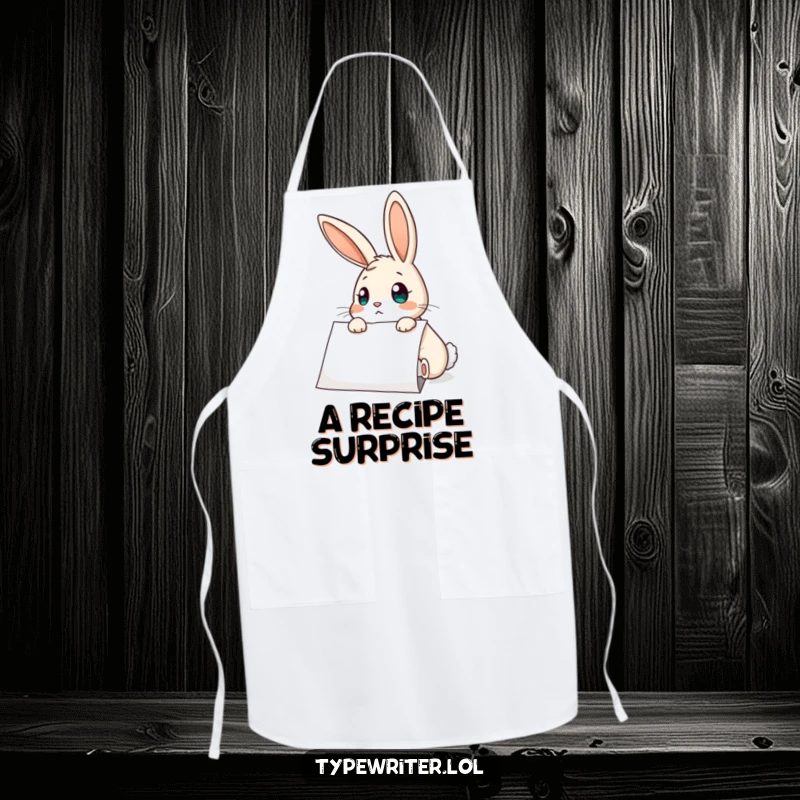 Funny Rabbit Apron: A curious rabbit character looking surprised at a typed recipe, adding a humorous touch to kitchen attire.