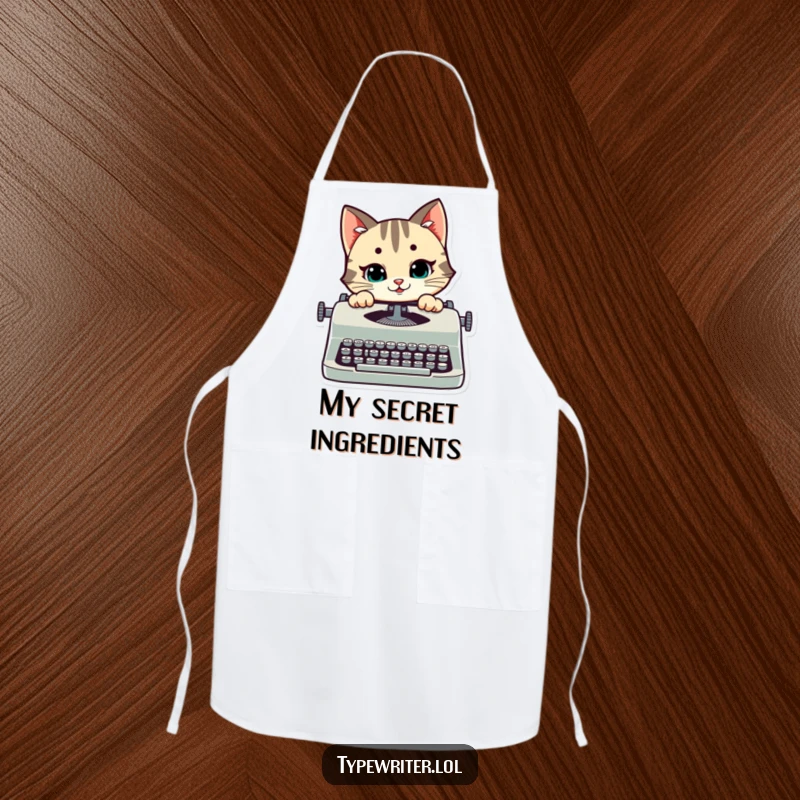 Funny cat apron featuring a happy stylized cat peeking over a typewriter with a mischievous smile, great for cooking or baking.