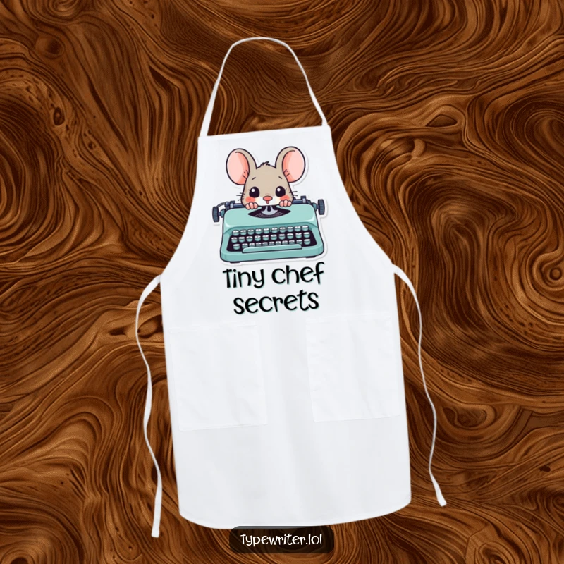 Funny mouse writer apron, showing a playful mouse peeking from behind a typewriter, for kitchen secrets.