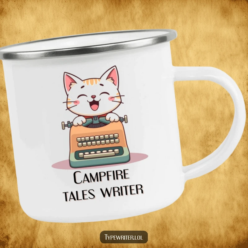 Funny Cat Writer Camping Mug: A cheerful cat at a vintage typewriter, ready for outdoor adventures and humorous sips.