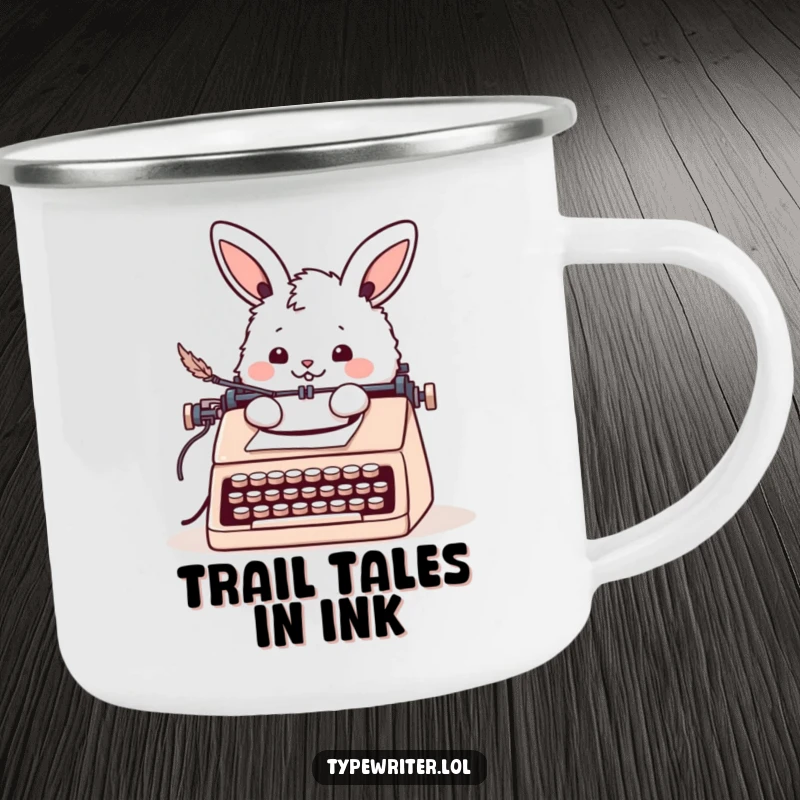 Funny bunny camping mug showing a cheerful fluffy rabbit writing a letter with a quill pen at a typewriter, for outdoor fun.