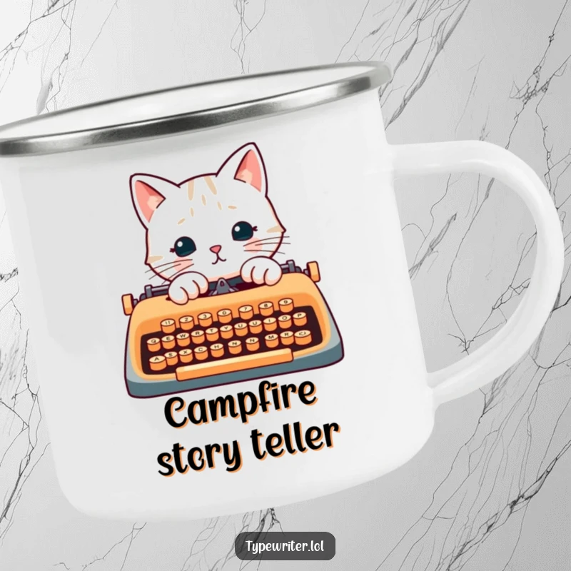 Funny cat writer camping mug, a cat's paws typing on a typewriter, designed for outdoor inspiration.