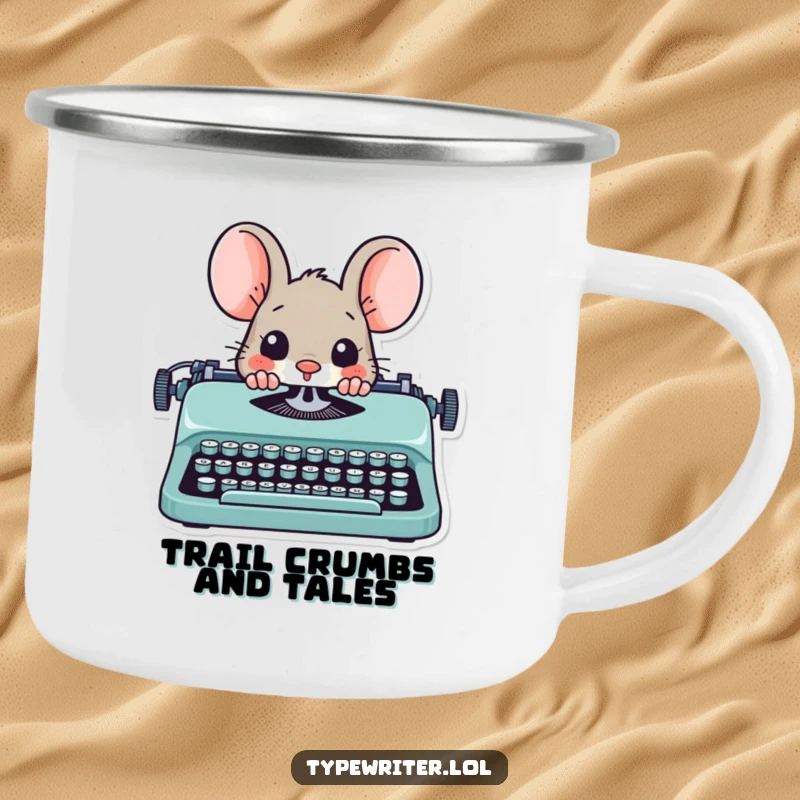 Funny mouse writer camping mug, a playful mouse peeking from behind a typewriter, for outdoor inspiration.