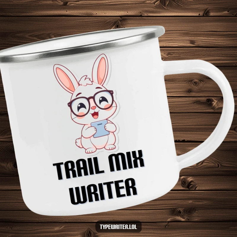 Funny bunny typist camping mug, a cheerful bunny wearing spectacles and typing, for outdoor focus.