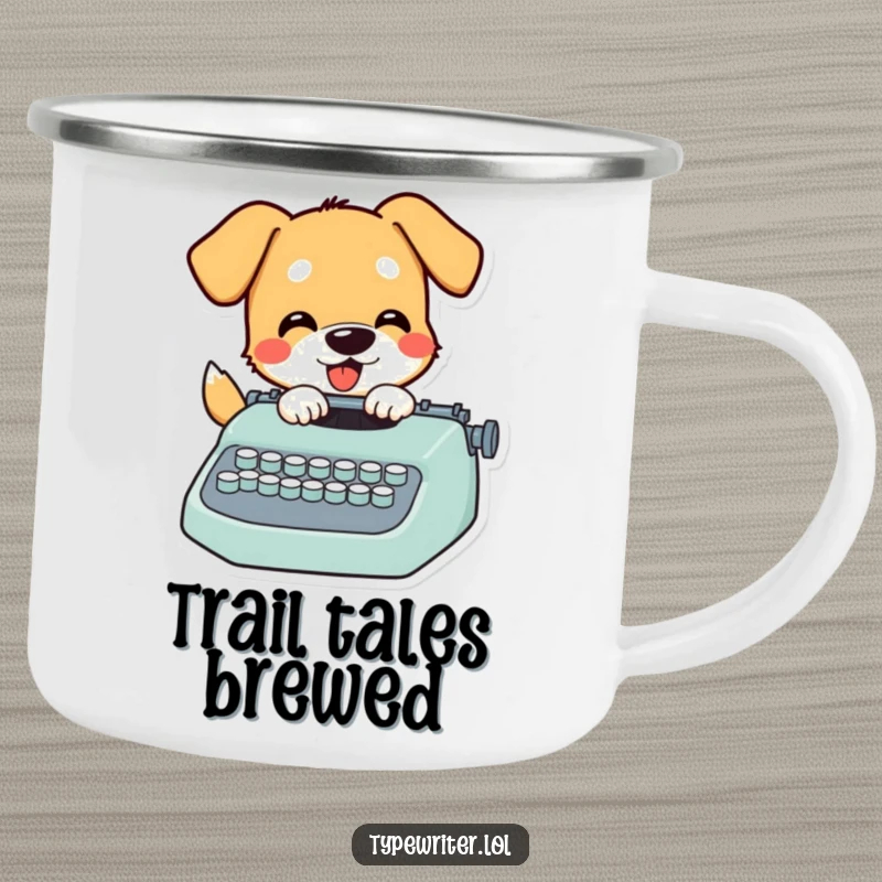 Funny Dog Camping Mug: A playful dog character enthusiastically typing on a typewriter, perfect for campfire tales and hot drinks.