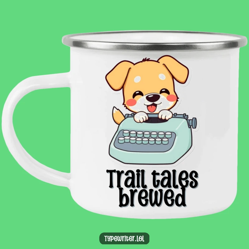 Funny Dog Campfire Mug: Playful Pup's Typewriter Tales - A Hilarious Outdoor Gift