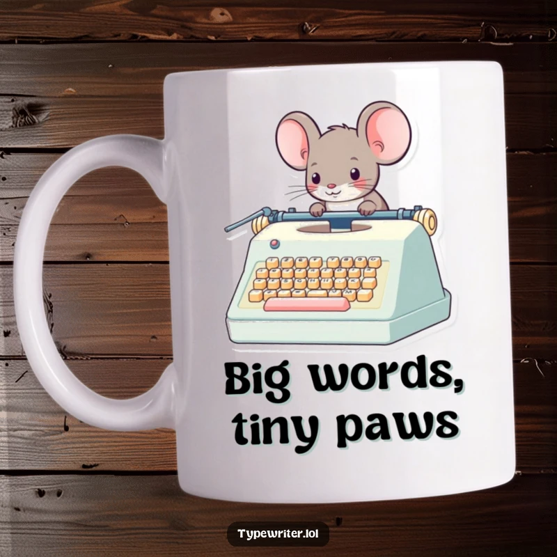 Funny Mouse Mug: A whimsical mouse character with determination, operating a giant, old-fashioned typewriter, creating tiny tales.