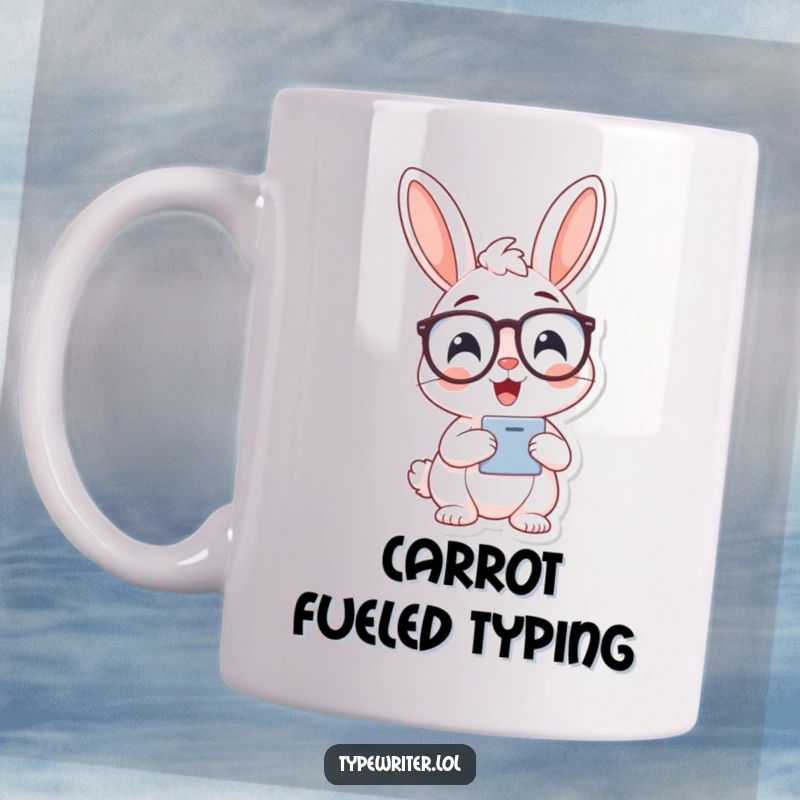 Funny cheerful bunny character wearing spectacles, typing diligently on a keyboard, looking scholarly.