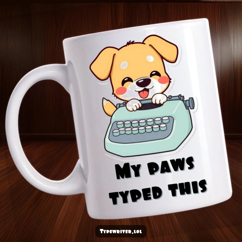 Funny Dog Mug: A happy, playful dog enthusiastically pecking at typewriter keys, capturing a moment of literary inspiration.