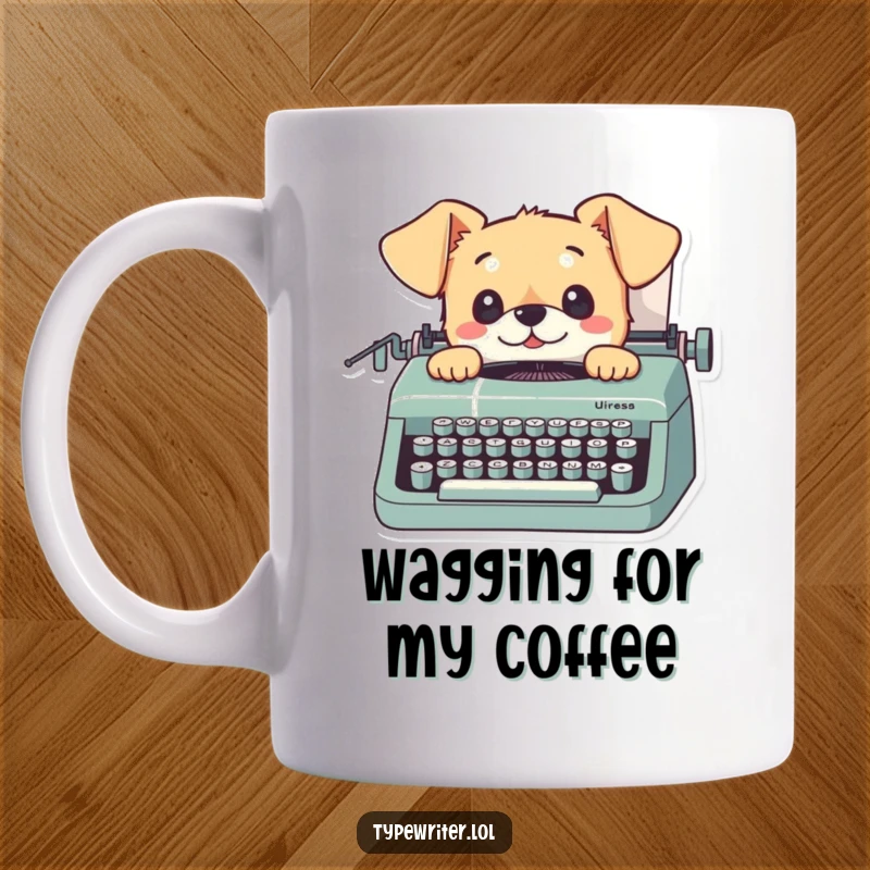 Funny dog mug with a playful small dog looking up from a typewriter with curious eyes, ideal for dog enthusiasts.