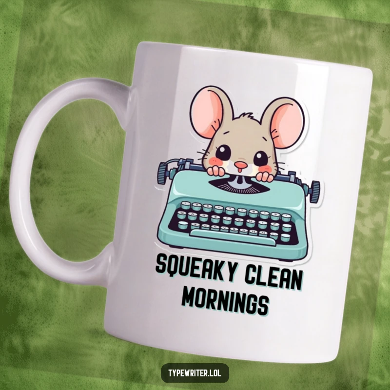 Funny playful mouse character peeking out from behind a vintage typewriter, looking mischievous and creative.