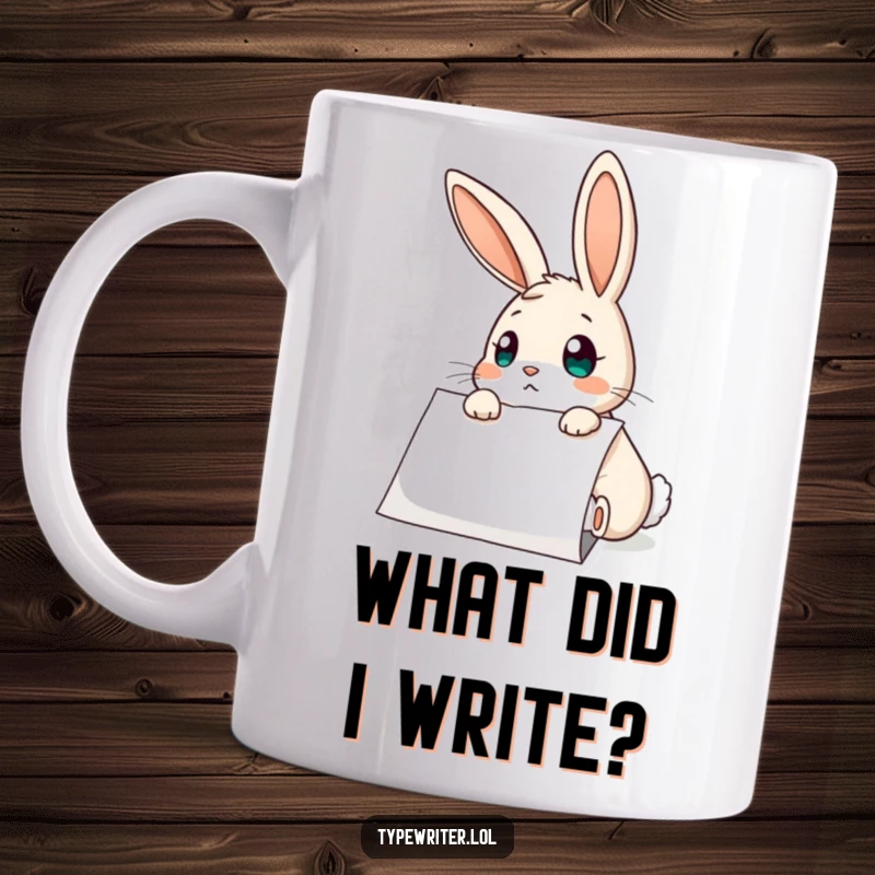 Funny Rabbit Mug: A curious bunny with wide eyes and ears perked, looking utterly surprised at a piece of typed paper.