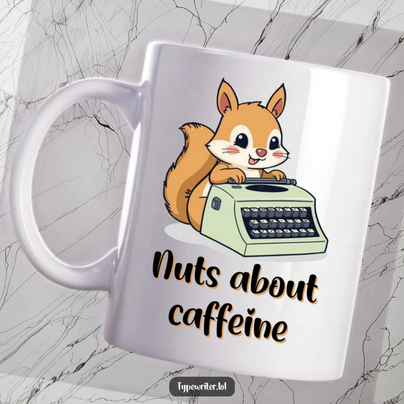 Funny Squirrel Mug: A busy squirrel character with intense focus, swiftly typing on a typewriter, embodying speed and productivity.
