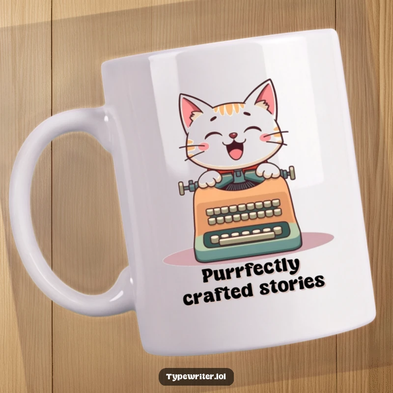 Funny Cat Writer Mug: A cheerful cat happily typing on a vintage typewriter, conveying a love for words and humor.