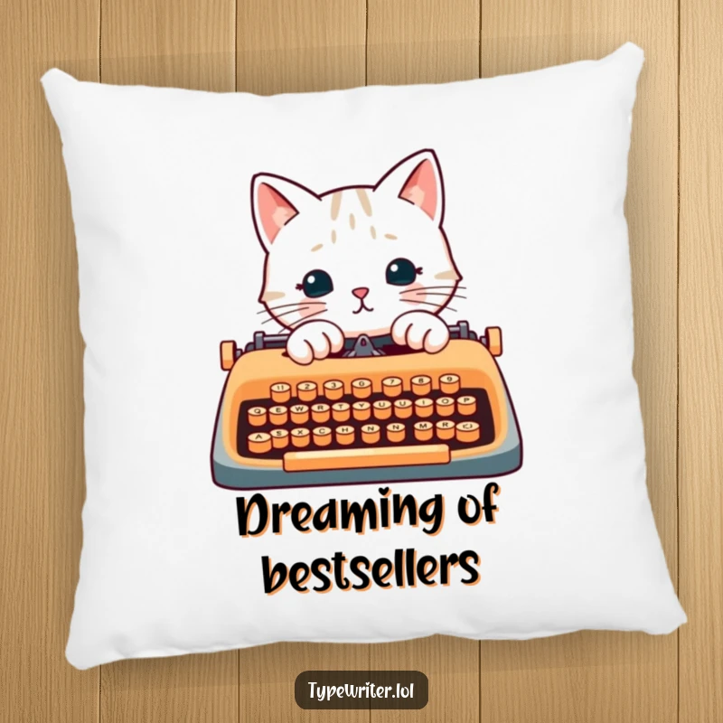 Funny cat writer pillow, featuring a cat's paws typing on a typewriter, soft and decorative.