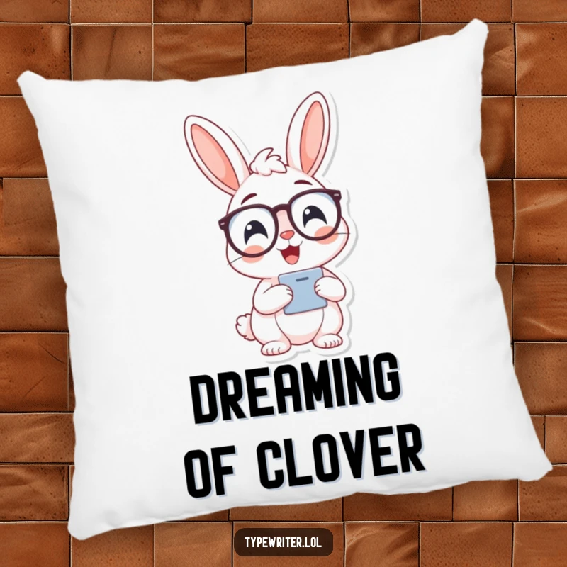 Funny bunny typist pillow, featuring a cheerful bunny character wearing spectacles and typing.