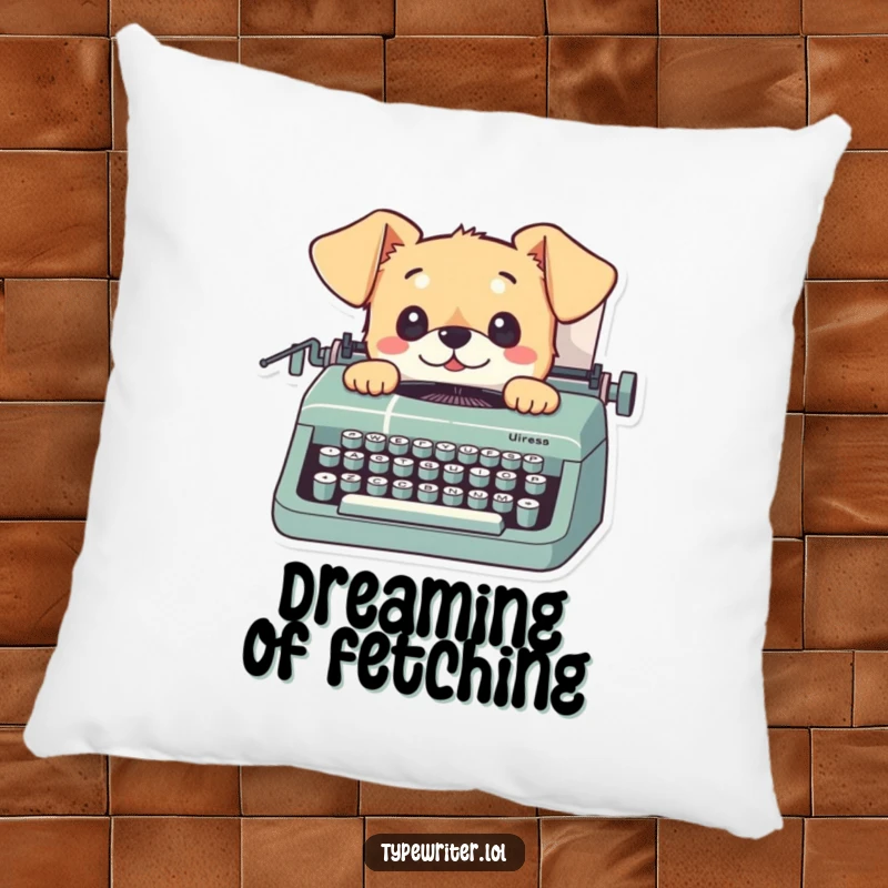Funny dog pillow with a playful small dog looking up from a typewriter with curious eyes, perfect for relaxation.