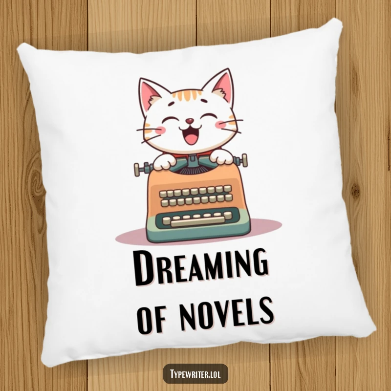 Funny Cat Writer Pillow: A cheerful cat at a vintage typewriter, offering a soft and humorous decorative touch.