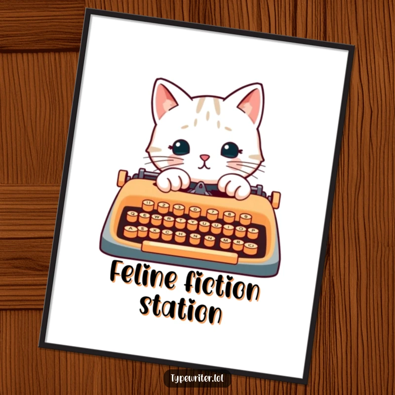 Funny cat writer digital art print, depicting a cat's paws actively typing on a typewriter.