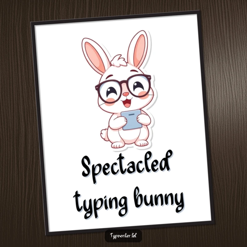 Funny bunny typist digital art print, showing a cheerful bunny wearing spectacles and typing.