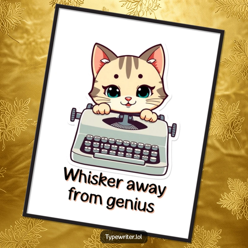 Funny cat digital art print of a happy stylized cat peeking over a typewriter with a mischievous smile, ready to frame.