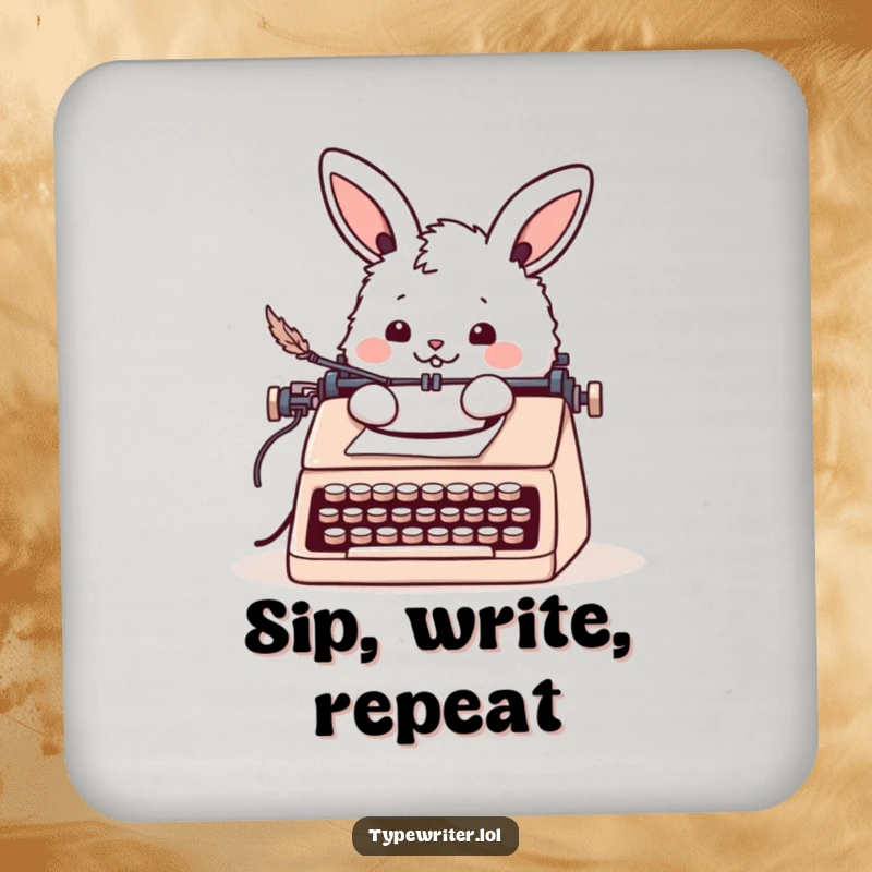 Funny bunny coaster featuring a cheerful fluffy rabbit writing a letter with a quill pen at a typewriter, protecting surfaces.