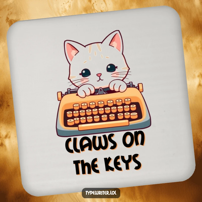 Funny cat writer drink coaster, showing a cat typing on a typewriter, protecting tables.