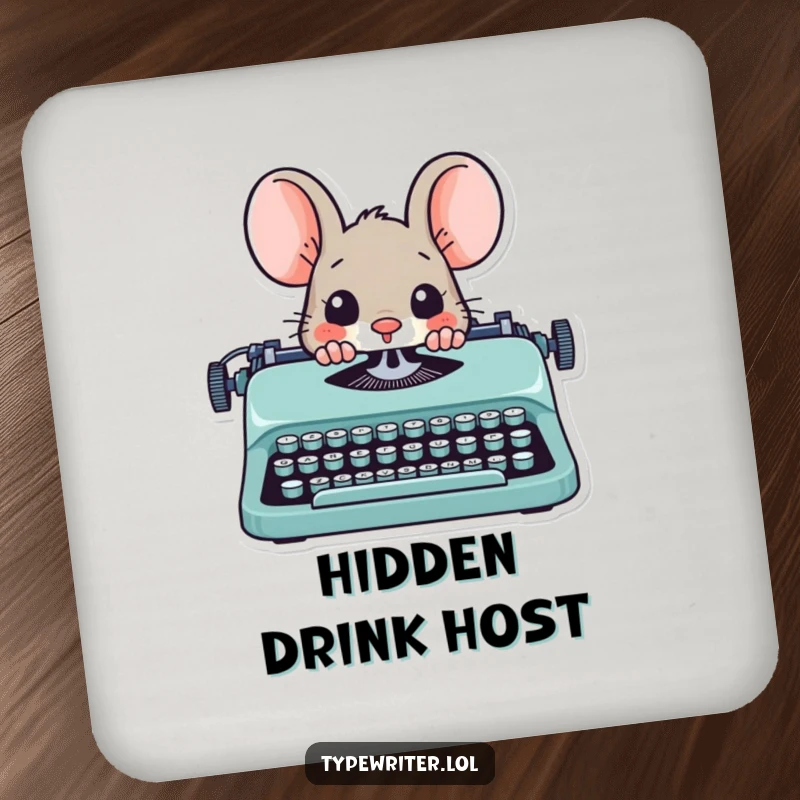 Funny mouse writer drink coaster, showing a playful mouse peeking from behind a typewriter, protecting tables.