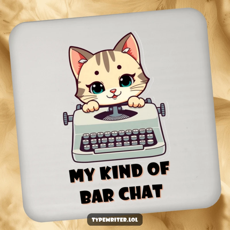 Funny cat coaster featuring a stylized happy cat peeking over a typewriter with a mischievous smile, protecting surfaces with humor.