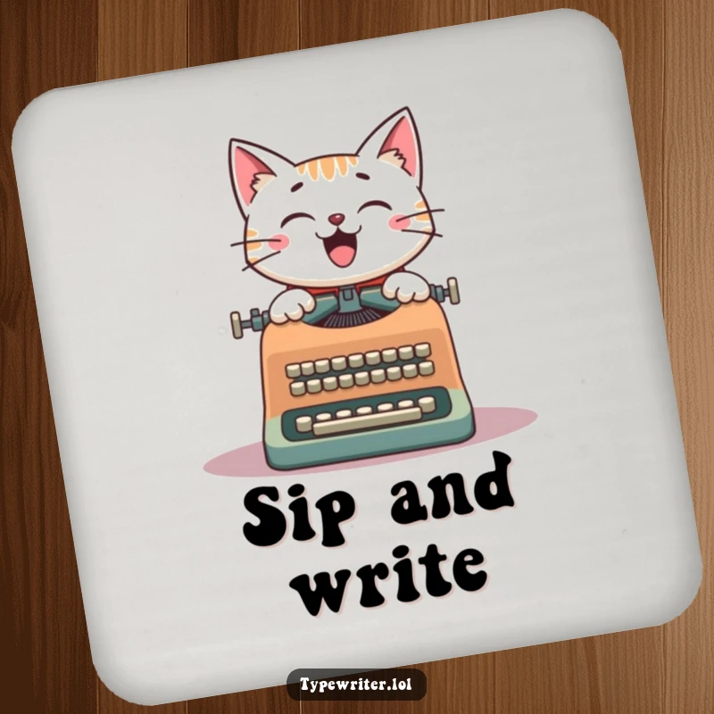 Funny Cat Writer Coasters: A cheerful cat at a vintage typewriter, offering a humorous and protective surface for drinks.