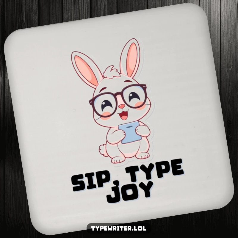 Funny bunny typist drink coaster, featuring a cheerful bunny wearing spectacles and typing, protecting tables.