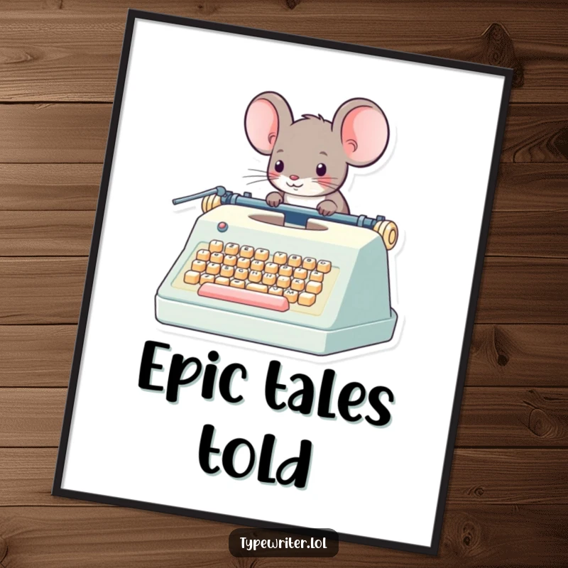 Funny Mouse Poster: A whimsical mouse character skillfully operating a giant typewriter, illustrating the magic of storytelling.