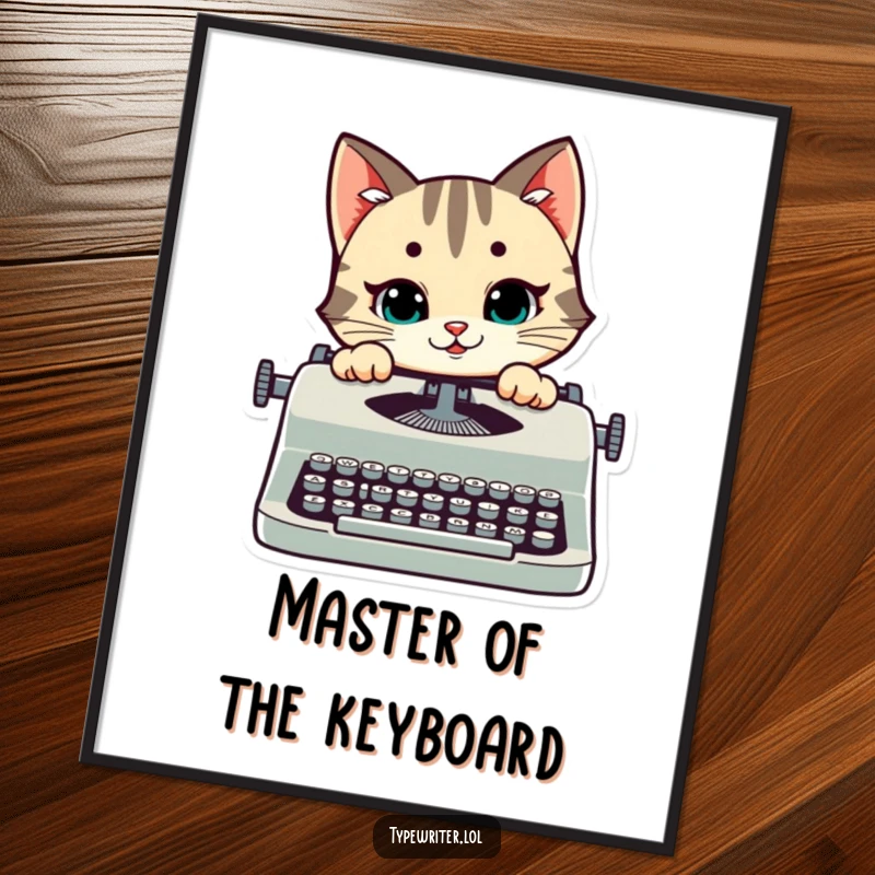 Funny cat poster showcasing a stylized happy cat peeking over a typewriter with a mischievous smile, perfect for cat-themed decor.