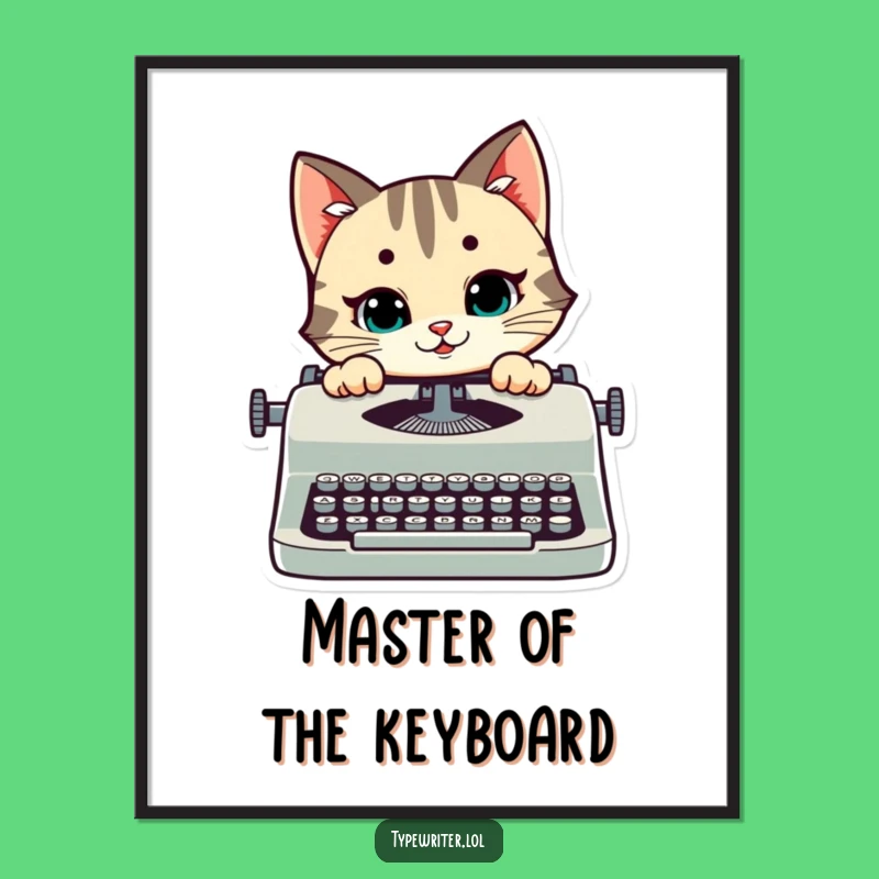 Funny Cat Typing Poster: Mischievous Kitty Over Typewriter Wall Art