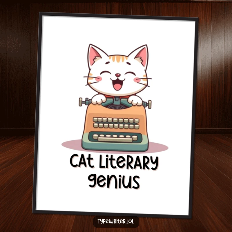 Funny Cat Writer Poster: A cheerful cat typing on a vintage typewriter, depicted in a charming and humorous artistic style.