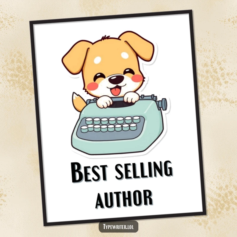 Funny Dog Poster: A dynamic illustration of a playful dog character enthusiastically typing on a vintage typewriter, creating literary magic.