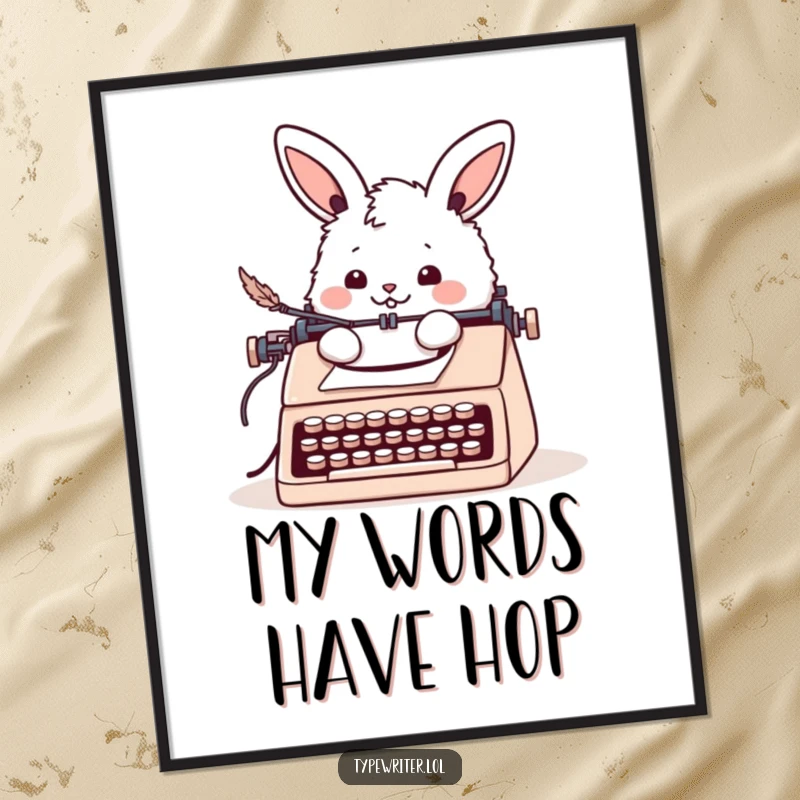 Funny bunny poster featuring a cheerful fluffy rabbit writing a letter with a quill pen at a typewriter, charming wall decor.