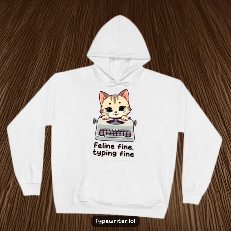 Funny cat hoodie featuring a happy stylized cat with a mischievous smile peeking over a typewriter, a perfect gift for cat lovers.