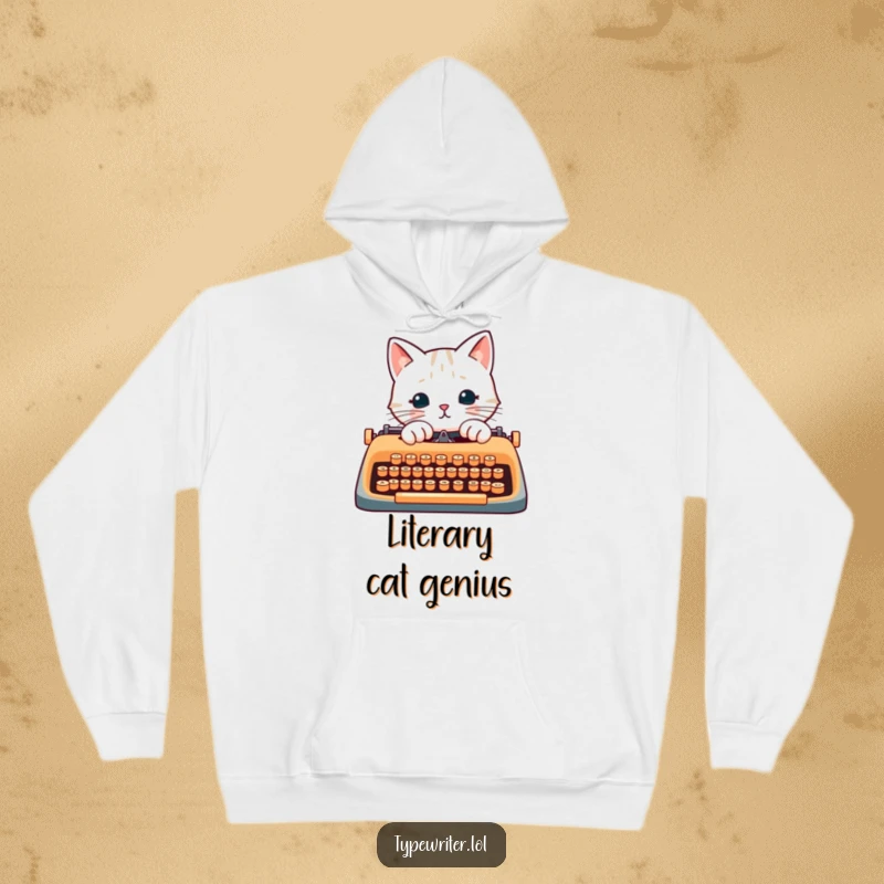 Funny cat writer hoodie, showing a cat enthusiastically typing on a typewriter with its paws.