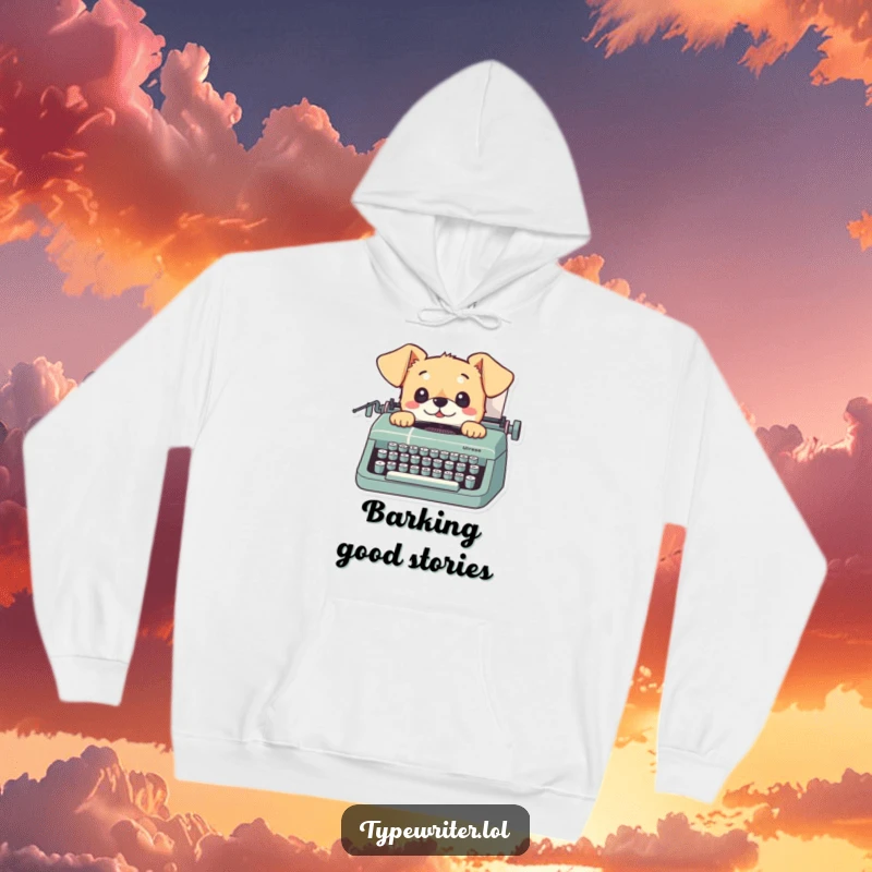 Funny dog hoodie featuring a playful small dog looking up from a typewriter with curious eyes, ideal for chilly days.