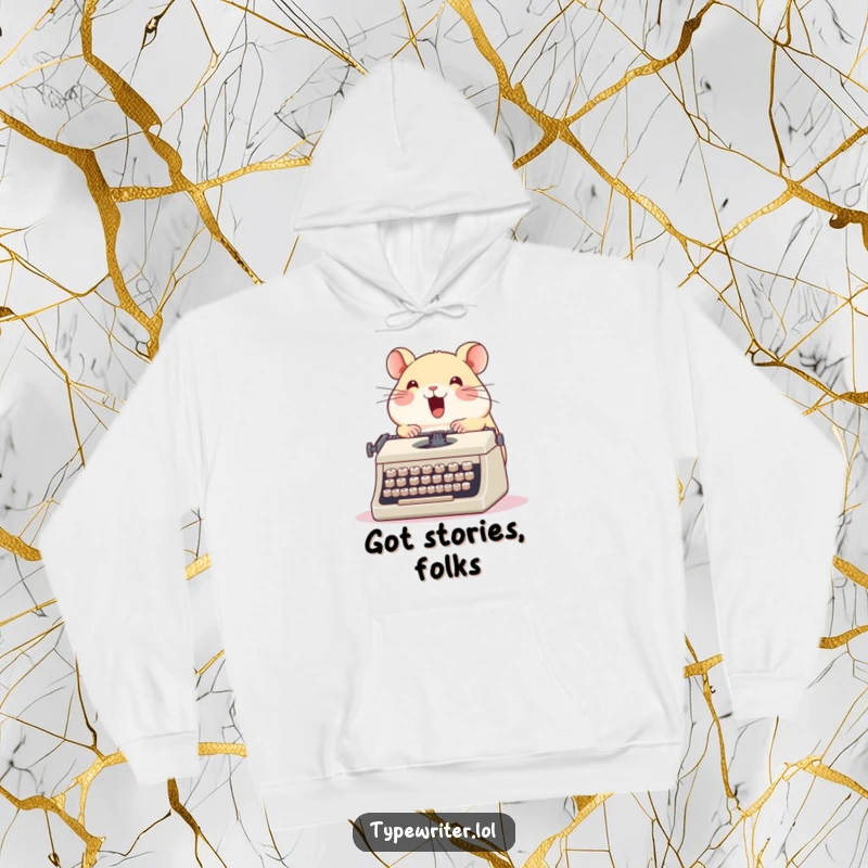 Funny hamster hoodie, a cute round hamster enthusiastically typing on a vintage typewriter with glee, perfect humorous apparel.