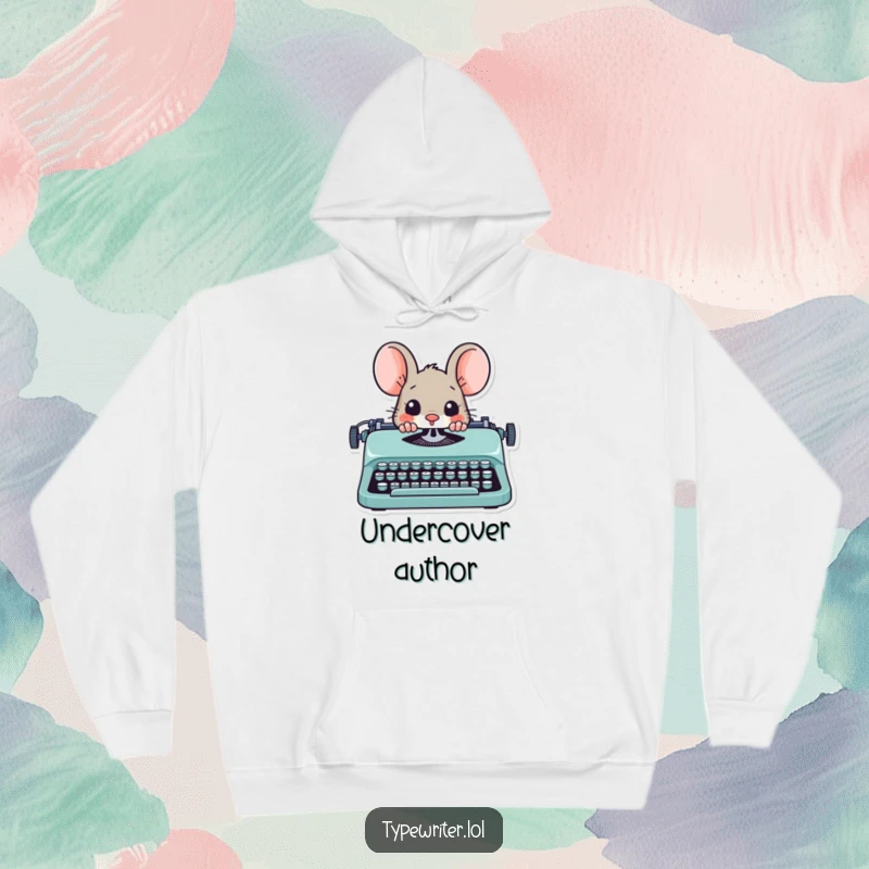 Funny mouse writer hoodie, showing a playful mouse peeking from behind a typewriter.