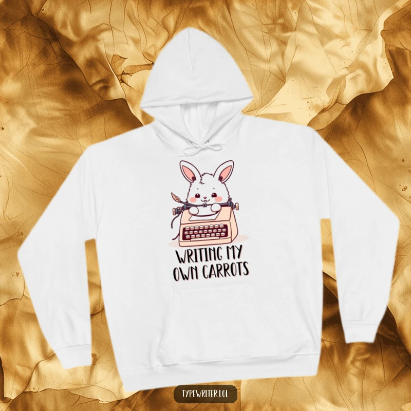 Funny bunny hoodie featuring a cheerful fluffy rabbit writing a letter with a quill pen at a typewriter, a cozy delight.